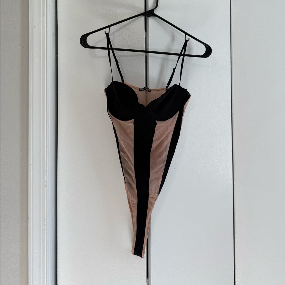 Zara Black and Nude Mesh-Trim Bodysuit